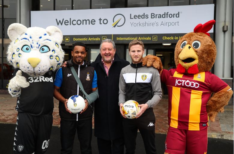 David Laws, CEO at Leeds Bradford Airport launches the partnership with Tyrell Robinson (Bradford City FC) and Eunan O’Kane (Leeds United FC).